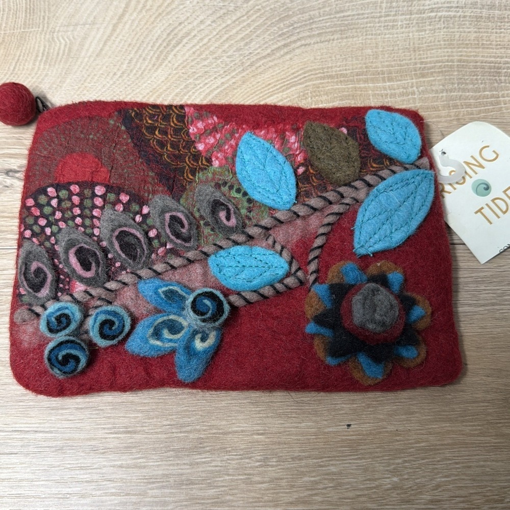 Rising Tide Felted Zip Pouch Floral Folk Art Cottage Whimsigoth Coin Purse Bag